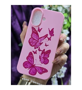 iPhone 16 Uyumlu Kelebekler Desenli Sert Silikon Pembe Telefon Kılıfı