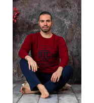 Sude Erkek Süprem Bisiklet Yaka İnce Uzun Kol Pijama Takımı P300/12 - 1 Adet (Bordo)