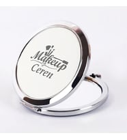 Kişiye Özel İsimli Makeup Baskılı Daire Metal Ayna Çanta, Cep ve Makyaj Aynası (Gümüş)