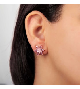 Gümüş Rose Pembe Lotus Çiçeği Çivili Kadın Küpe