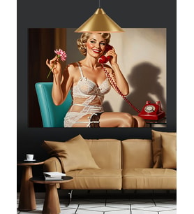 Pembe Çiçekli Pin-Up Kadın Dekoratif Kanvas - Mdf Ahşap Tablo