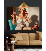 Pembe Çiçekli Pin-Up Kadın Dekoratif Kanvas - Mdf Ahşap Tablo