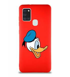 Samsung Galaxy A21S Soft Premier Kapak Donald Duck-F Tasarımlı Silikon Kılıf - Kırmızı (Şeffaf)