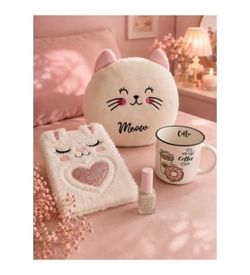 Doğum Günü, Özel Gün, Yeni İş, Yeni Ev Hediyesi Coffee Kupa, Peluş Defter, Kedi Yastık ve Oje Seti