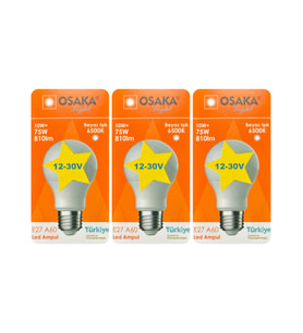 (3 Adet) Osaka 12VOLT 10W (75W) Beyaz Işık (6500K) E27 Duylu (Kalın Duy) Led Ampul