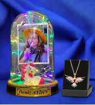 Size Özel Renkli Led Işıklı Fanus ve Renkli Zümrüdü Anka Kuşu Kolyesi - Premium Hediye Seti (Model 9)