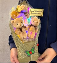 Renkli Led Işıklı Kişiye Özel Kahverengi Ayıcıklı Büyük Boy Peluş Ayıcık Buketi (Model 4)
