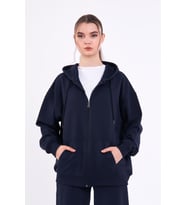Lacivert Kanguru Cepli Kapüşonlu Fermuarlı Oversize Kadın Sweatshirt