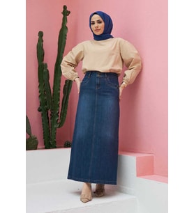 2264-Denim Etek Koyu Mavi
