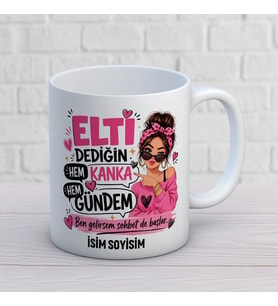 Kişiye Özel Elti Tasarımlı Hem Kanka Hem Gündem Yazılı İsimli Seramik Kupa