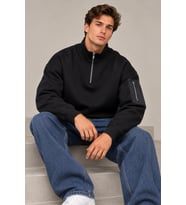 Erkek Siyah Oversize Sweatshirt Yarım Fermuarlı Dik Yaka Kol Cepli 3 İplik Şardonlu Kışlık Sweat
