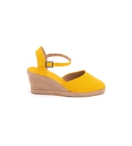 Gerçek Elişi Topuğu Açık Bilekten Bantlı Dolgu Topuk Keten Hasır Espadril Handmade (Sarı)