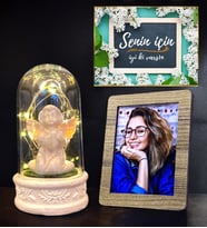 Kişiye Özel Fotoğraflı Led Işıklı Fanus  Beyaz Melekli