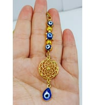 El Yapımı Cam Nazar /Küçük Kaplumbağa Detaylı Metal Lotus Çiçeği Araba Dikiz Ayna Süsü/ Altın Rengi