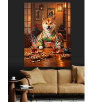 Sushi Yiyen Japon Köpek Dekoratif Kanvas - Mdf Ahşap Tablo