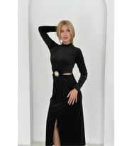 Neşeli butik kadın bel detaylı gol tokalı tam boy kadife elbise NBK4392 (Siyah)