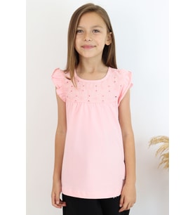 Breeze Kız Çocuk Tişört Fırfırlı Nakışlı 4-8 Yaş, Pembe
