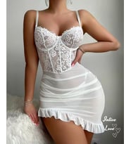 Intive Love Dantelli Korse Görünümlü Asimetrik Kesim Transparan Tül Gecelik (Beyaz)