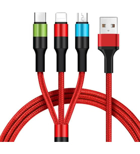 Lexroo 3 in 1 Hızlı Şarj Kablosu, Örgülü 1.2m Kırmızı, Lightning, Type-C, Micro USB
