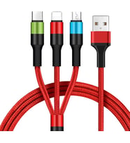 Lexroo 3 in 1 Hızlı Şarj Kablosu, Örgülü 1.2m Kırmızı, Lightning, Type-C, Micro USB
