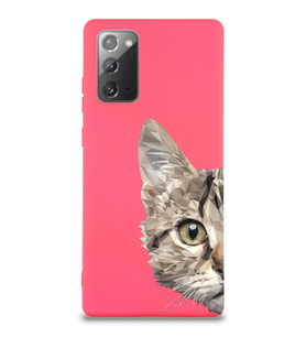 Samsung Galaxy Note 20 Uyumlu Lansman Kılıf Catface Tasarımlı İçi Kadife Kapak-Neon Pembe (Şeffaf)