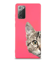 Samsung Galaxy Note 20 Uyumlu Lansman Kılıf Catface Tasarımlı İçi Kadife Kapak-Neon Pembe (Şeffaf)