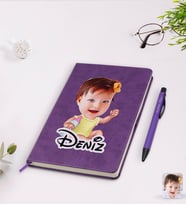 BK Gift Kişiye Özel Bebek Karikatürlü Mor Termo Deri Defter Kalem Seti Model 1
