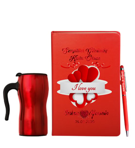 Sevgililer Gününe Özel Deri Kırmızı Defter Kalem & Termos Mug Hediye Seti 29