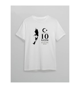 10 Kasım Atatürk Anma Günü Silüet Baskılı Oversize Bisiklet Yaka T-shirt - Beyaz