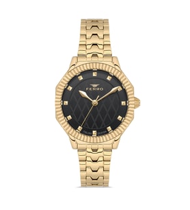 Ferro FL21632AWT-B2 Quartz Çelik Altın Rengi Siyah Kadran 32 mm Kadın Kol Saati