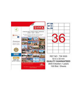 Tanex Lazer Etiket 100 Yaprak 52.5 x 33 Mm Lazer Yazıcı Etiketi