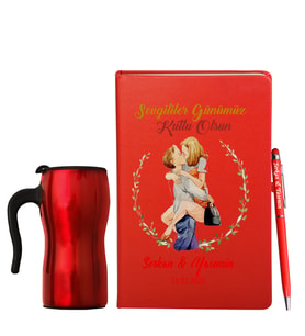 Sevgililer Gününe Özel Deri Kırmızı Defter Kalem & Termos Mug Hediye Seti 25