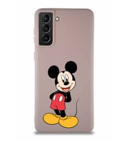 Samsung Galaxy S21 Plus Soft Premier Kapak Mickey Mouse-B Tasarımlı Silikon Kılıf - Pudra (Şeffaf)