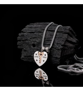 925 Ayar Gümüş Kalp Anahtar Motifli Unisex Model Kolye (Gri)