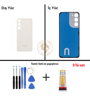 Samsung Galaxy S23 Plus Krem Renk Arka Kapak + Tamir Seti + B7000 Yapıştırıcı Arka Cam Batarya Kapağı Pil Kapağı Lazer Kesim Back Cover Galaxy S23 Plus Uyumlu