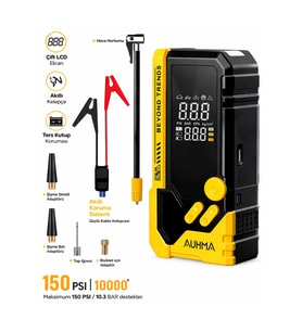 Auhma A8844 Akü Takviye Cihazı & Hava Kompresörü - 10000mAh Powerbank, 150 PSI, 1000A Peak, LED Fene