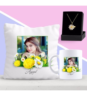 BK Gift Kişiye Özel Papatya Temalı Fotoğraflı Yastık Kupa ve Papatya Kolye Seti 1 (Model 1)