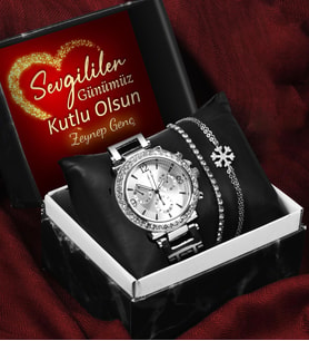 Sevgililer Gününe Özel Kişiye Özel Kutulu Metal Kordon Saat & Kar Tanesi Bileklik & Zirkon Taşlı Bileklik Seti
