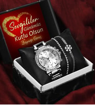 Sevgililer Gününe Özel Kişiye Özel Kutulu Metal Kordon Saat & Kar Tanesi Bileklik & Zirkon Taşlı Bileklik Seti