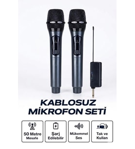 Profesyonel Çiftli Kablosuz Mikrofon Seti Karaoke Şarj Edilebilir 50 Metre