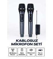 Profesyonel Çiftli Kablosuz Mikrofon Seti Karaoke Şarj Edilebilir 50 Metre