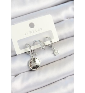 Pirinç Zirkon Taşlı Sallantılı Yıldız Model Gümüş Renk 3'lü Çift Kadın Küpe Set - TJ-BKP10792