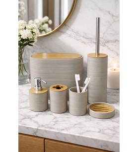 6 Parça Toprak Banyo Seti, Bambu Detaylı, 8L Çöp Kovası 24x26x16 cm