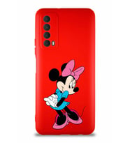 Huawei Y7A Soft Premier Kapak Minnie Mouse-F Tasarımlı Silikon Kılıf - Kırmızı (Şeffaf)