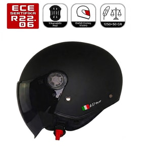 FR612 Mat Siyah Motosiklet Kaskı Güneş Vizörlü Yarım Açık Motorcu Kask