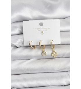 Pirinç Gold Renk Yonca Model 3'lü Kadın Küpe Seti - TJ-BKP11445