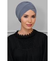 Gri Pratik Hazır Geçmeli Tesettür Bone Sandy Kumaş Çapraz Büzgülü 1801_15