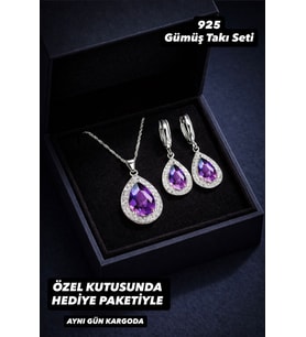 925 Ayar Damgalı Gümüş Kaplama  Mor Damla Taşlı Işıltılı Takı Seti – Zirkon Çerçeveli Kolye Küpe (Mor-Gümüş)