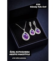 925 Ayar Damgalı Gümüş Kaplama  Mor Damla Taşlı Işıltılı Takı Seti – Zirkon Çerçeveli Kolye Küpe (Mor-Gümüş)