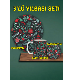 Yılbaşı Temalı 3'lü Bilek Destekli Mousepad Kupa Ve Bardak Altlığı Seti